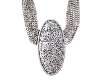 2000s Y2K Vintage Mezi antique silver hammered textured large oval pendant multistrand chain chunky statement ethnic bohemian necklace