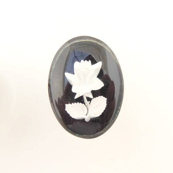 1950s Vintage black white reverse carved roses lu… - image 5