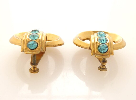 1940s Coro gold circle and aqua blue sparkly rhin… - image 5