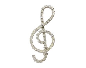 2000s Y2K Vintage silver rhinestone large treble clef music symbol musical sparkly large brooch