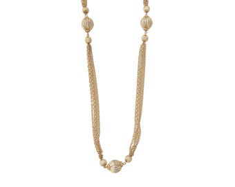 1970s Vintage 52" dull gold corrugated sphere circle beaded multistrand chains extra long bohemian layered chunky statement necklace