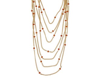 1970s Vintage multistrand gold chain dark orange glass beaded bohemian long delicate layered statement retro retrostyle necklace