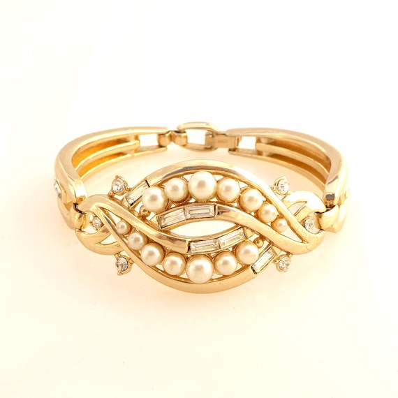Vintage Kramer gold clear rhinestone faux pearl sw
