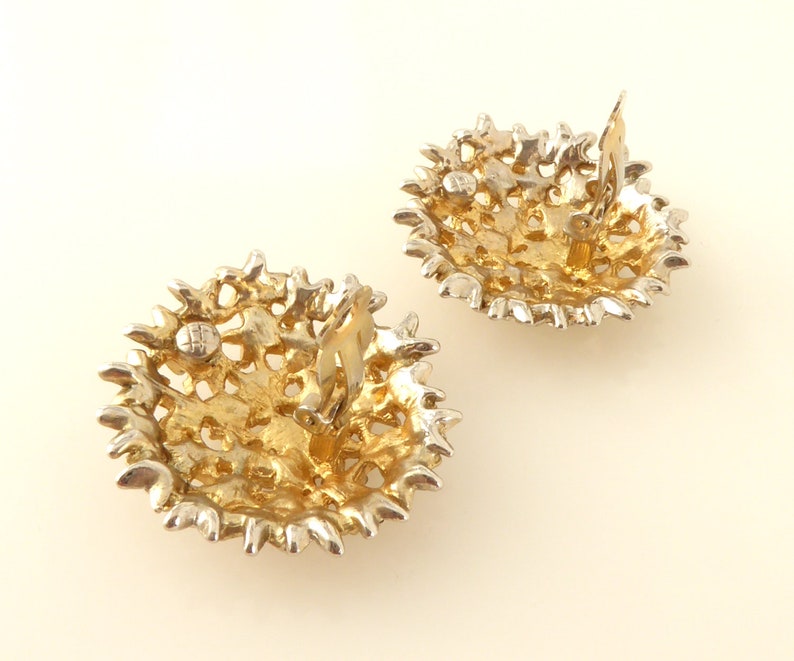 1980s Vintage inspired cream enamel rhinestone star flower power floral cluster large boho bohemian retro statement chunky clip on earrings