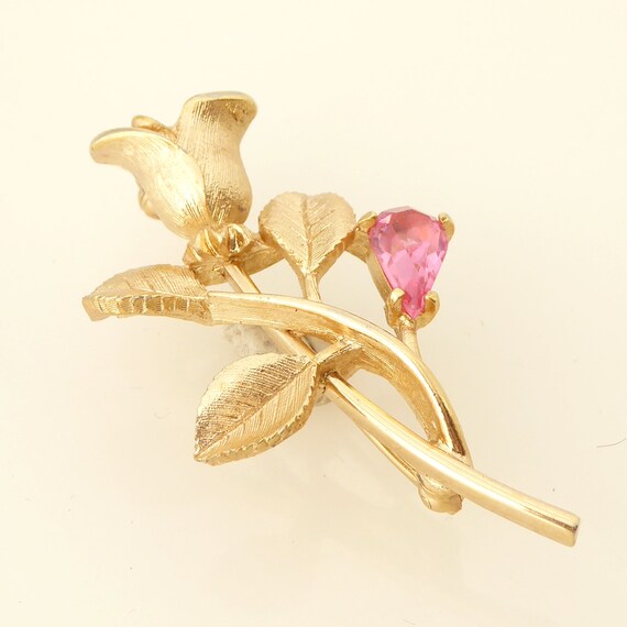 1980s Vintage Avon gold rose flower pink rhinesto… - image 2