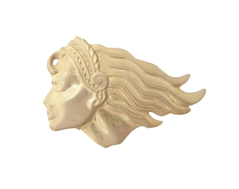 1980s Vintage 2.75" matte gold female woman art deco inspired figural head headband hair large chunky retro statement brooch