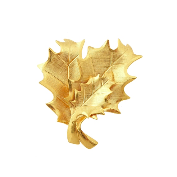 Vintage 2" bright yellow gold shiny holly leaves … - image 1