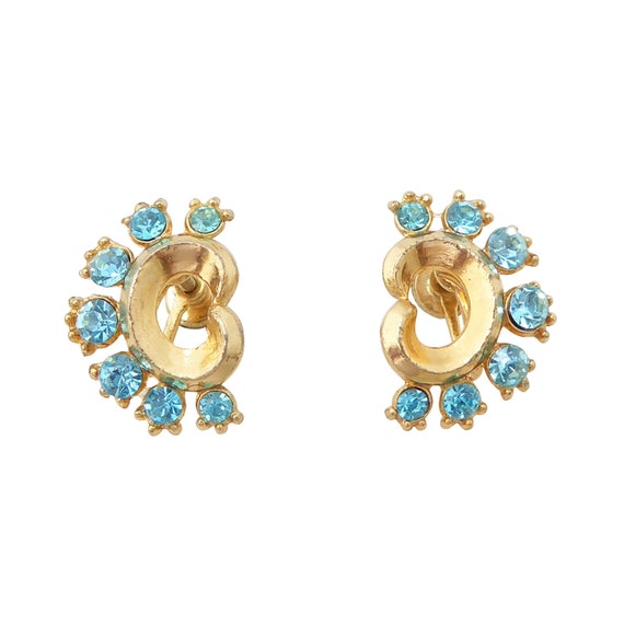 1940s Vintage aqua blue rhinestone swirly gold cr… - image 1