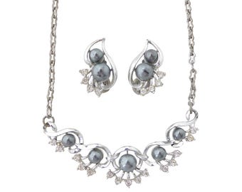 1950s Vintage dark gray pearl and silver rhinestone evening formal dressy chunky statement mid century jewelry set