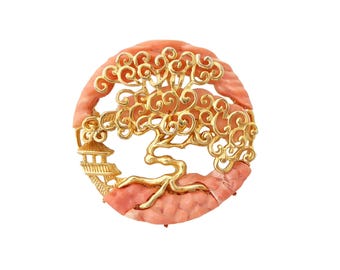 1980s Vintage 2" carved coral and gold swirly abstract tree asian pagoda large retro chunky statement big cutout retrostyle brooch
