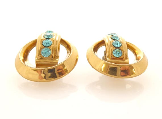 1940s Coro gold circle and aqua blue sparkly rhin… - image 3