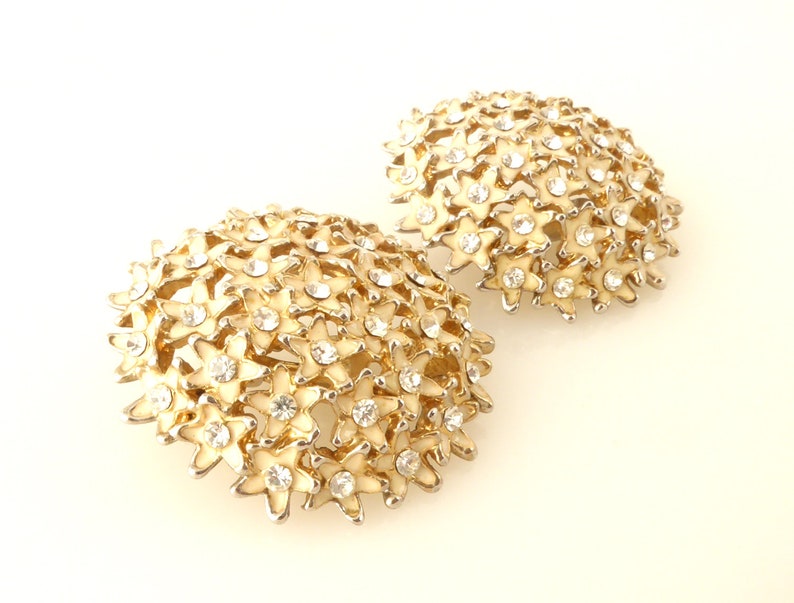 1980s Vintage inspired cream enamel rhinestone star flower power floral cluster large boho bohemian retro statement chunky clip on earrings