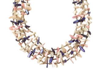 1950s Vintage pink blue white dyed mother of pearl shell chips and seed bead chunky beach boho made in Japan multistrand colorful necklace