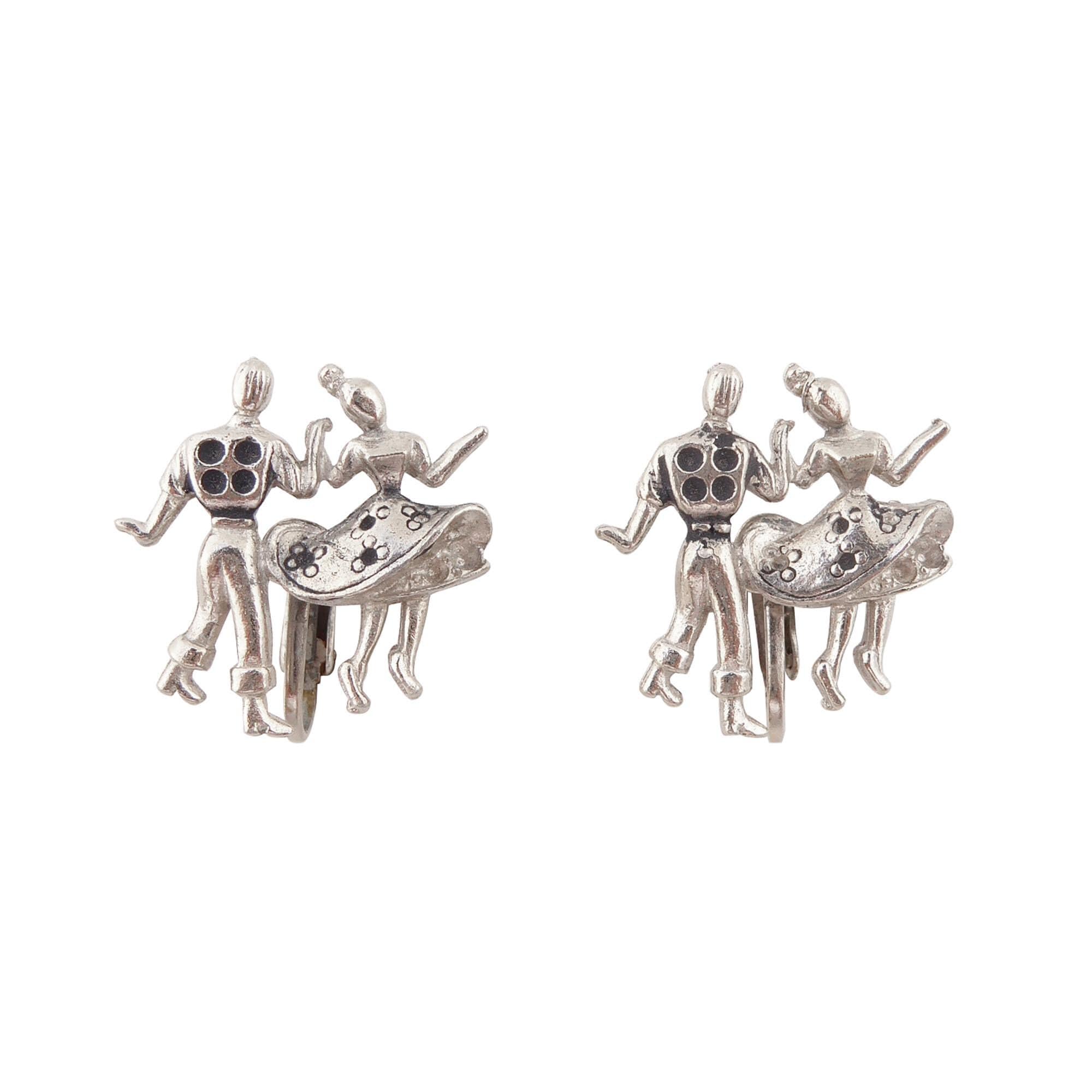 1980s Vintage antique silver swing ballroom dancing retro 1950s 50s grease couple figural retrostyle rockabilly cute clip on earrings