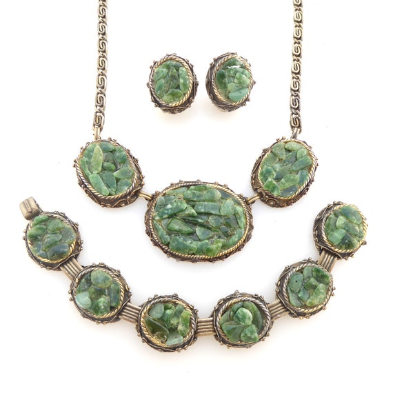 1960s Vintage green jasper stone chip and antique gold byzantine chunky large big statement retro necklace earrings bracelet jewelry set