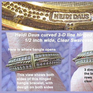 Heidi Daus curved raised 3-D hinged bangle bracelet, 1/2 inch wide, Clear Swarovski crystals in Bronze tone metal continuous design, VTG
