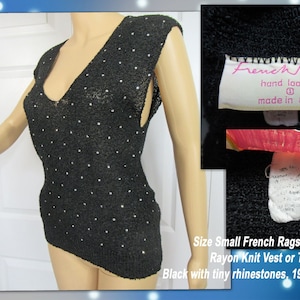 Sz Small French Rags pullover Rayon Knit Vest or Tank, Black with tiny rhinestones, Sleeveless, Low V-neck, Made in USA 1980&#39;s vintage chic!