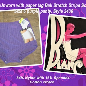 Sz 6 Bali panty, NOS Stretch Stripe Scamp purple Style 2436, Nylon with 16%  Spandex, Cotton crotch, Made Costa Rica, Unworn w/ paper tag