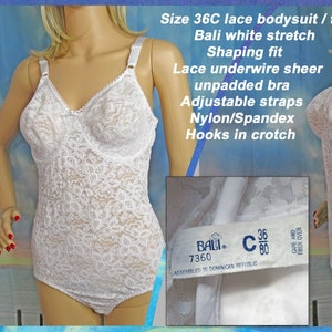 Sz 36C lace bodysuit / teddy, Bali white stretch, Shaping fit, Lace underwire unpadded bra, Adjustable strap, Nylon/Spandex, Hooks in crotch