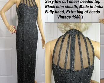 36 bust Stenay formal silk dress, Sexy low cut sheer beaded top, Black, Made in India, Slim sheath, Fully lined, Extra bag of beads, VTG