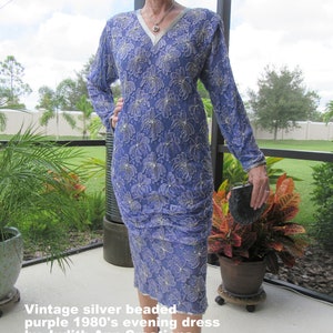 41 inch bust Judith Ann dress, Silver Beads on purple rayon, Long dolman sleeve, 20s Deco Downton Abbey chic, Long sleeves, Made in India