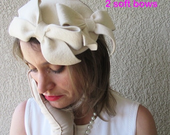 Saks Fifth Avenue hat, Vintage cream color, 2 front 6 x 4 inch soft fabric bows, Made in Italy, Cocktail style small hat, For brides too