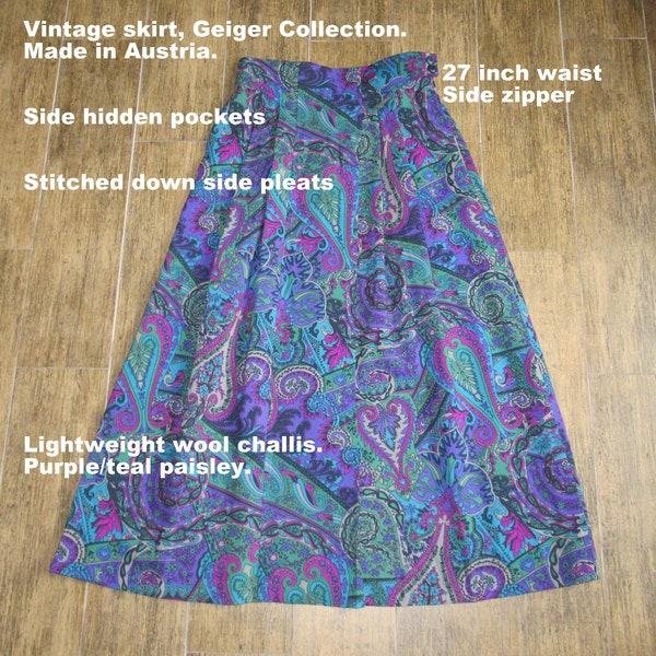 EU Sz 38 Geiger Collection skirt, Made in Austria, Lightweight wool challis, 27 inch waist, Purple/teal paisley, Sewn down pleats, Lined