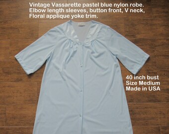 40 bust Vassarette robe, Elbow length sleeve, Button front, V neck, Floral applique trim, Pastel blue nylon, Sz Medium, Made in USA, VTG
