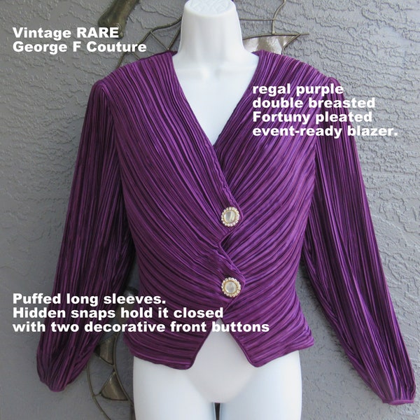 36 bust dressy top, George F Couture purple double breasted Fortuny pleated, Unique, Made USA, Puffed sleeves, Padded shoulder, V-neckline