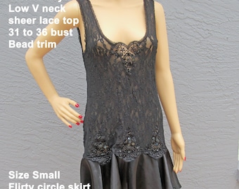 Sz S Babydoll Gown, 31 - 36 bust low V neck sheer lace top, Seductive Wear Cinema Etoile black, Bead trim, Flirty circle skirt, Made in USA