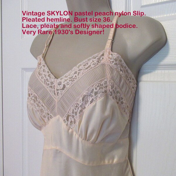 36 bust SKYLON slip, Very Rare SKYLON pastel peach nylon, Pleated hem, Lace, pleats, softly shaped bodice, Adjustable straps, 1930/40's VTG