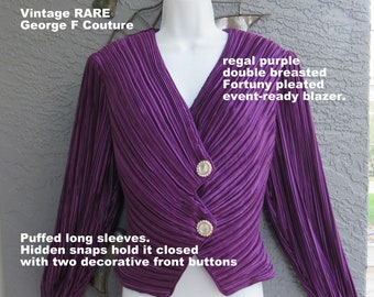 36 bust dressy top, George F Couture purple double breasted Fortuny pleated, Unique, Made USA, Puffed sleeves, Padded shoulder, V-neckline
