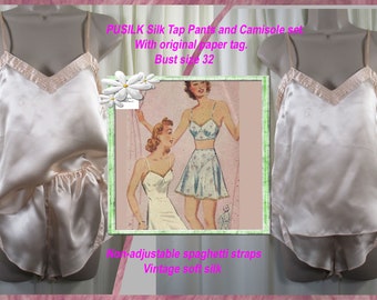 80s SAMYE Vtge Ivory Floral Poly Satin 2-piece Panties and Camisole Set Flapper Retro Tap Pants Style Size Med