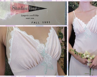 34 bust Empire waist nightgown, Never worn, Original 1991 paper tag, Shadowline, Pink spaghetti strap, Polyester, A-line long, Made USA