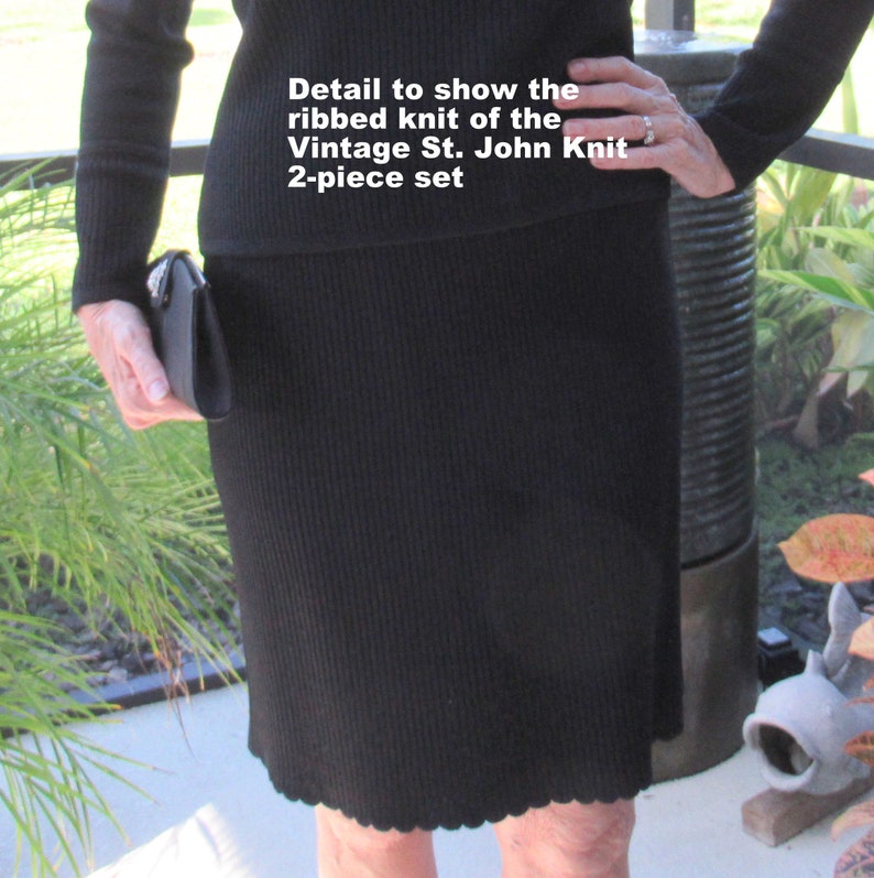 37 inch bust 2 piece ribbed knit all black set Long sleeves V-neck waist length sweater ShoptoSave Vintage St John Marie Gray Skirt 39
