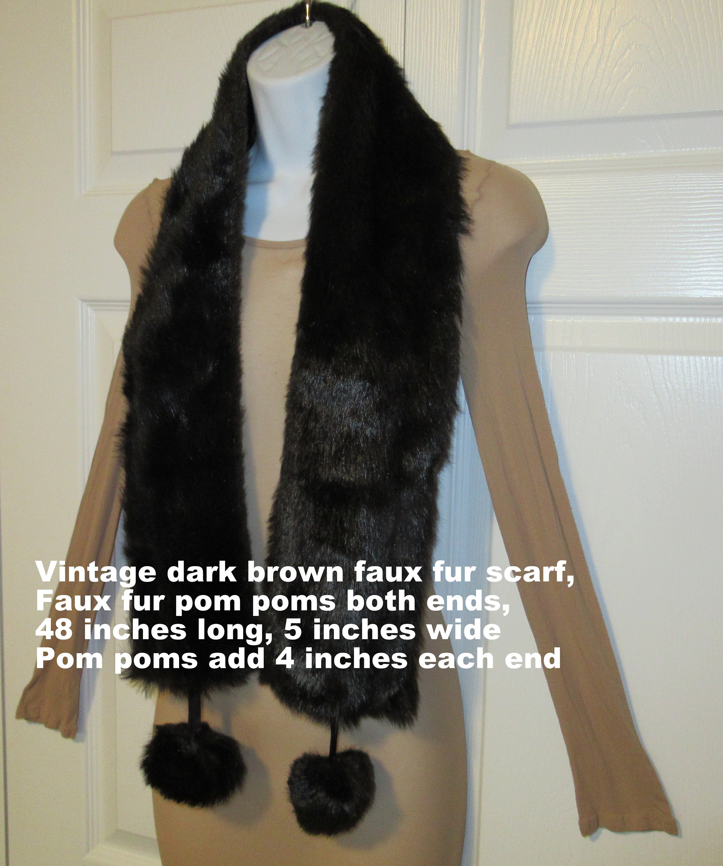 Dark Brown Faux Fur Scarf, Faux Fur Pom Poms Both Ends, 48 Inches