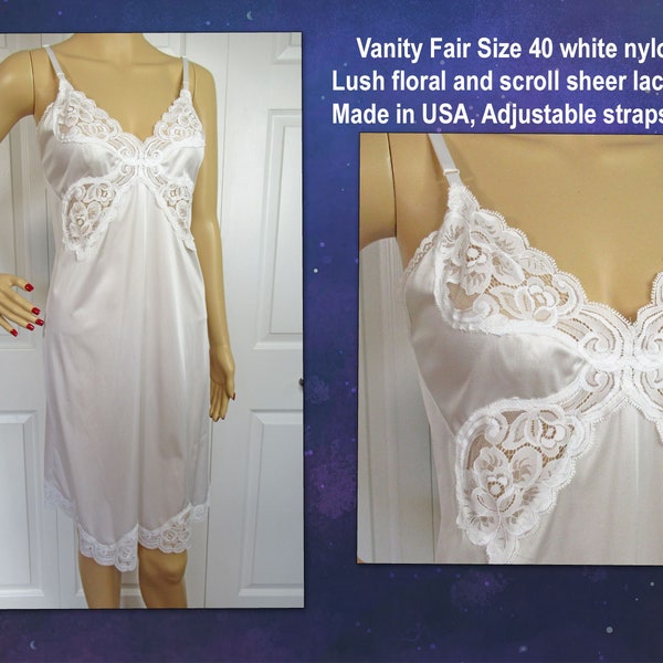 Vanity Fair Size 40 white nylon slip, Lush floral and scroll sheer lace bodice, Made in USA, Adjustable straps, Softly shaped bra cups, VTG