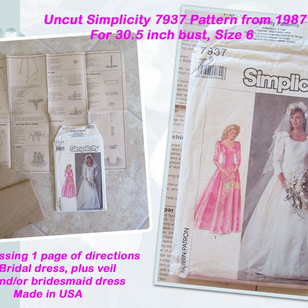 Uncut Simplicity 7937 Pattern, 1987, 30.5 inch bust, Sz 6, Missing page of instruction, Bridal dress, veil and/or bridesmaid dress, Made USA