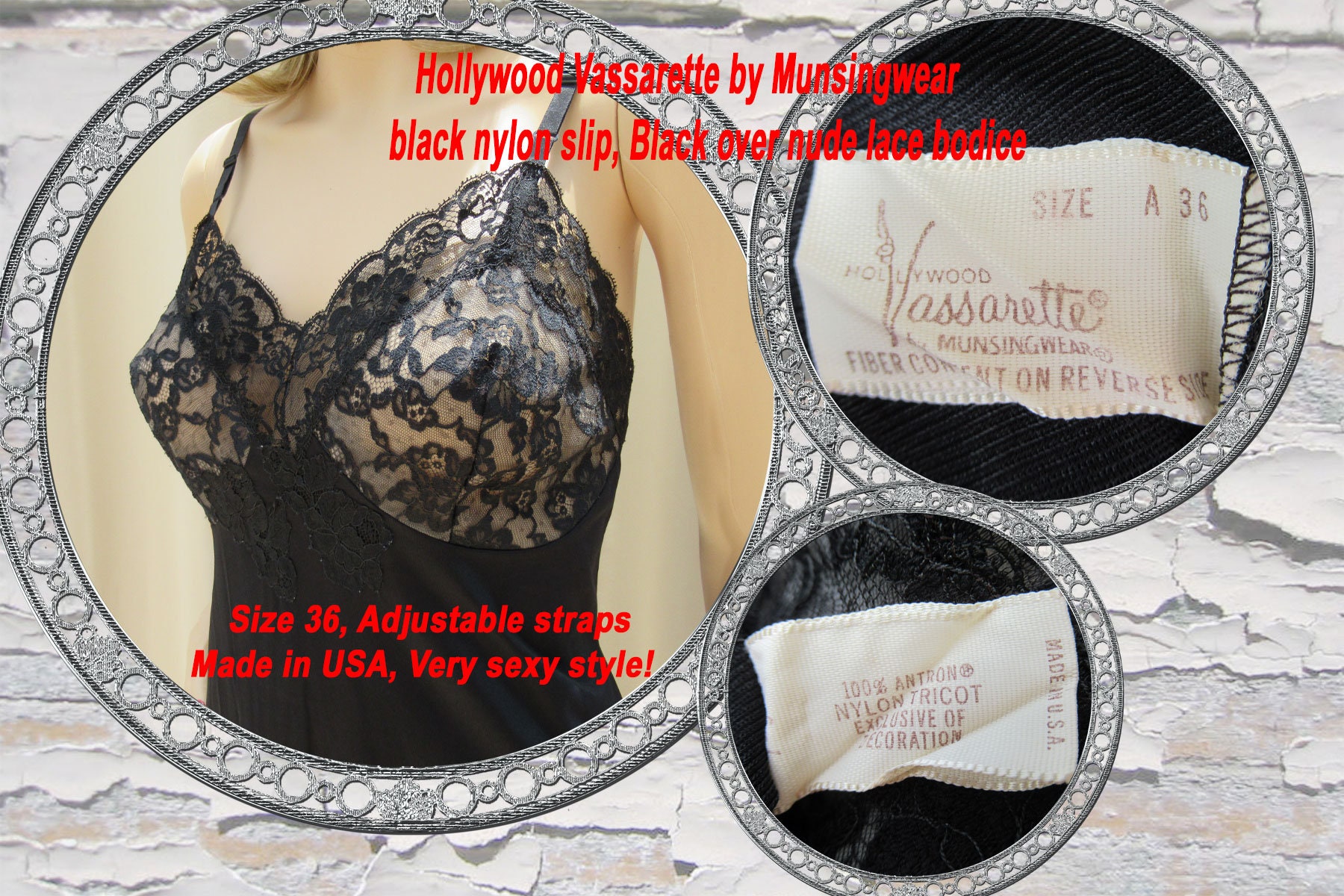 Hollywood Vassarette by Munsingwear Black Nylon Slip, Black Over Nude Lace  Bodice, Sz 36, Adjustable Straps, Made in USA, Very Sexy Style 