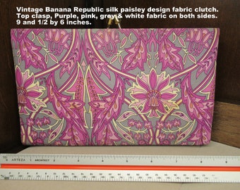 Banana Republic silk fabric clutch, 9 and 1/2 by 6 inches w/ 1 inch depth, Top clasp, Paisley design in purple, pink, grey & white, VTG