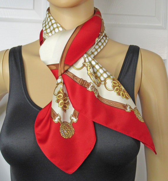 Vintage Scarf, Cream, red and gold print, 35 by 3… - image 9