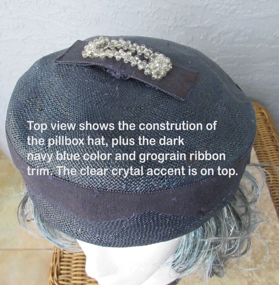 Dark navy blue pillbox hat, Top flat bow w/ clear… - image 6