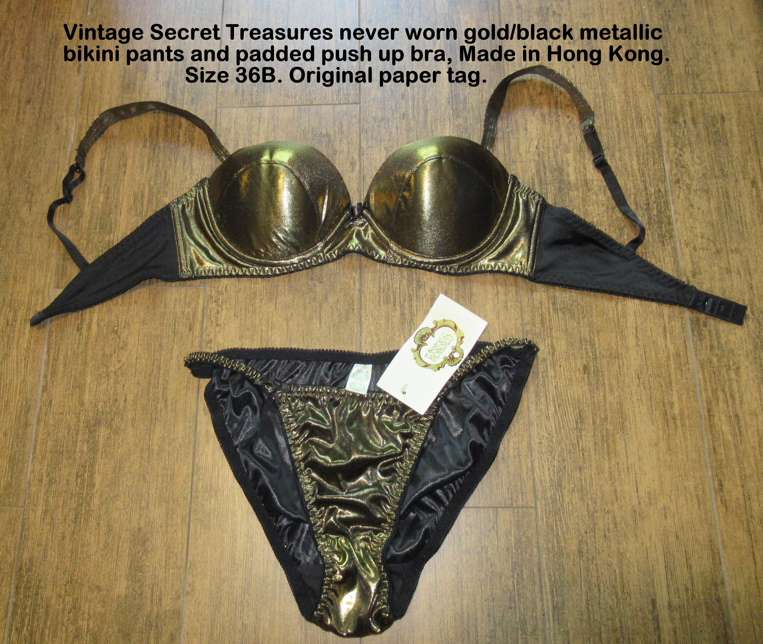 Vintage Secret Treasures Never Worn Gold/black Metallic Bikini Pants and  Padded Push up Bra, Made in Hong Kong, Size 36B, Original Paper Tag 