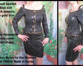 32 bust beaded cocktail suit, Morton Myles for the Warrens black sequin w/ gold trim, Glam 1980's! Made in Korea, Front hidden snaps, VTG