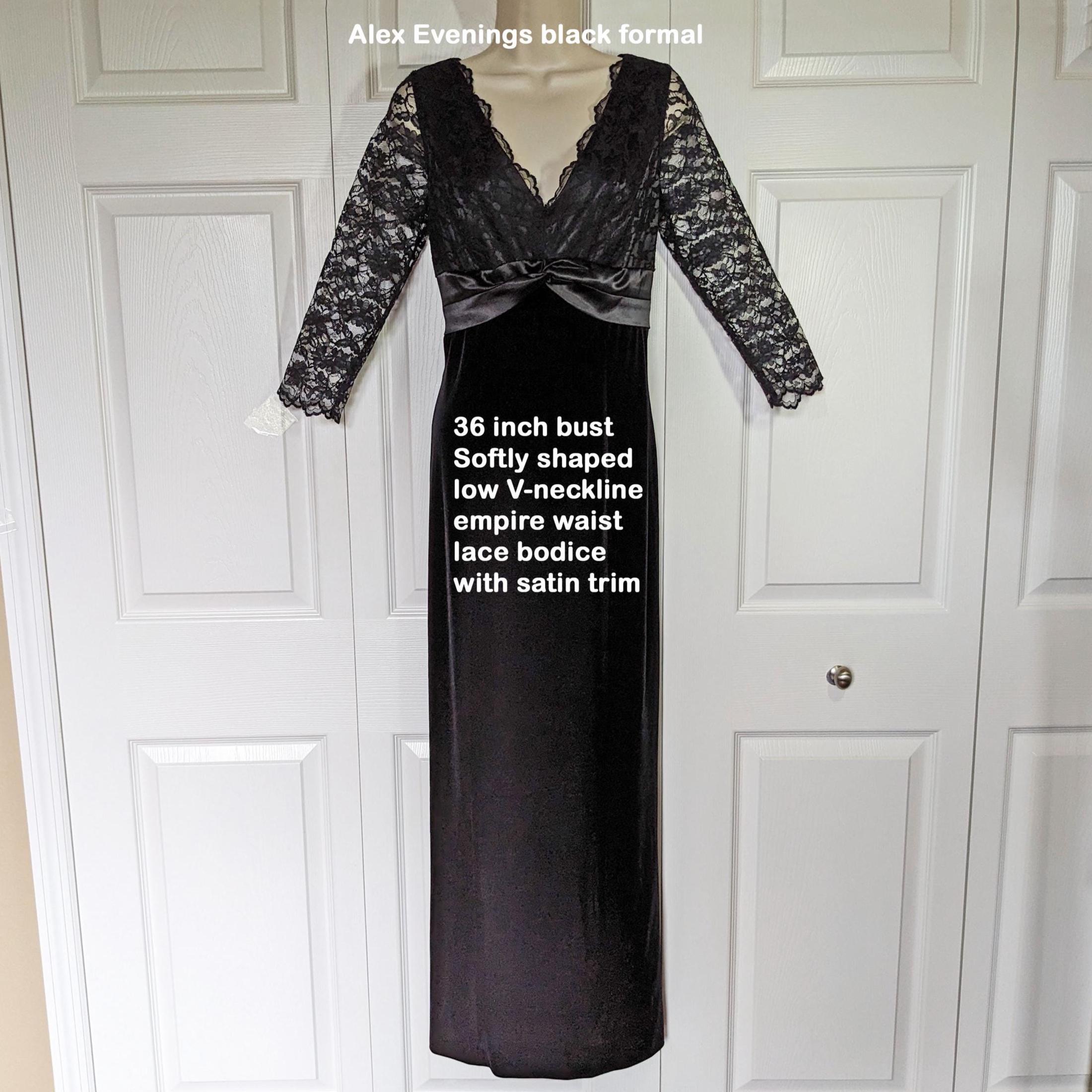 Alex Evenings 36" Bust Black Velvet, Lace and Satin Bodice, Slim Long Formal Dress, Polyester & Spandex, Back Zip, Back Slit, Sheer Sleeves - Etsy Alex Evenings 36" Bust Black Velvet, Lace and Satin Bodice, Slim Long Formal Dress, Polyester & Spandex, Back Zip, Back Slit, Sheer Sleeves - Etsy