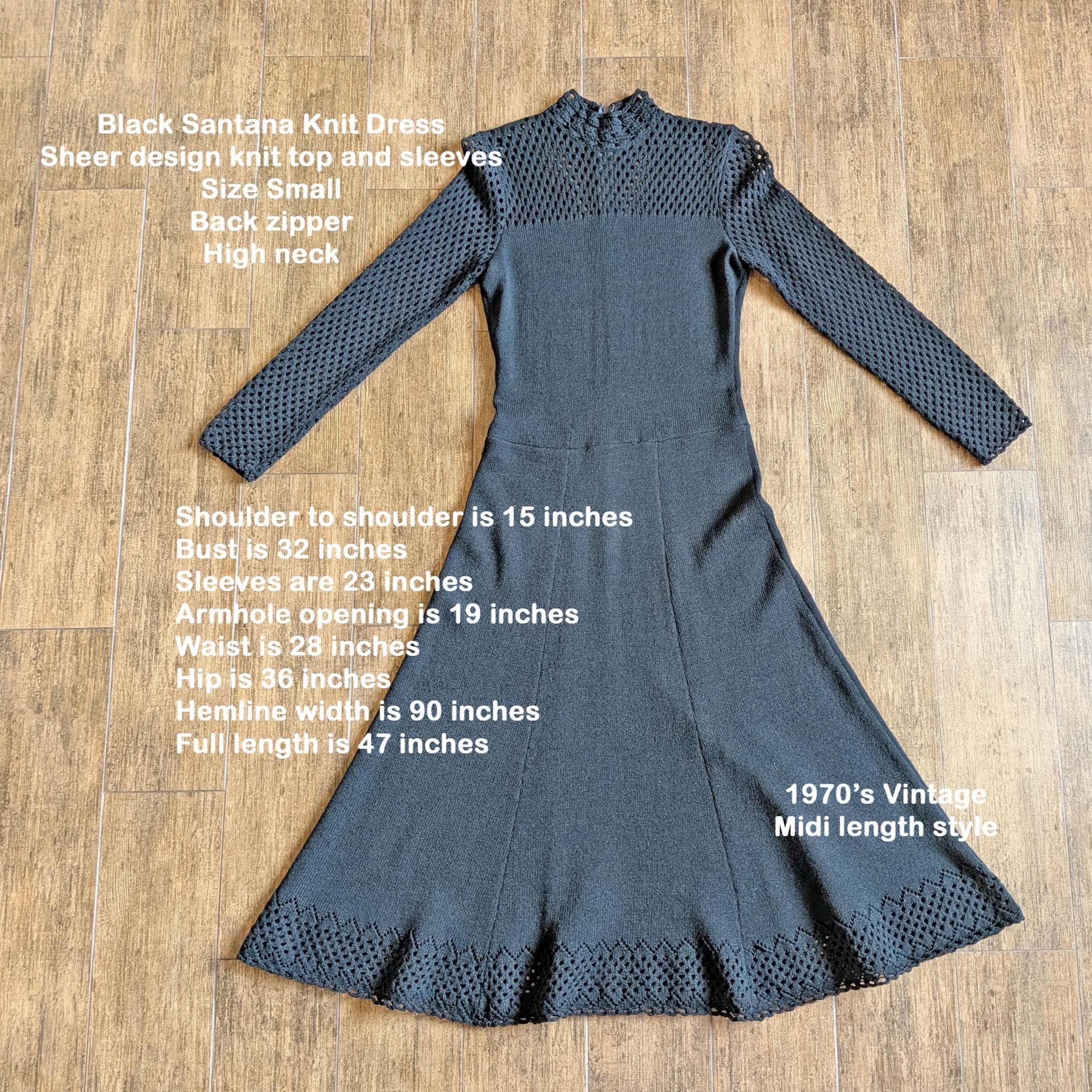 santana knit dress Vintage Black Santana Knit Dress, Sheer design knit top and sleeves, Sz  Small, Back zipper, High neck, 1970's