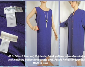 46 to 50 inch bust set, Coldwater Creek pullover sleeveless dress & matching button front duster coat, Purple Polyester/Spandex, Made in USA