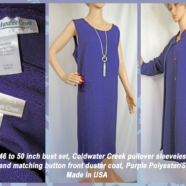 46 to 50 inch bust set, Coldwater Creek pullover sleeveless dress & matching button front duster coat, Purple Polyester/Spandex, Made in USA