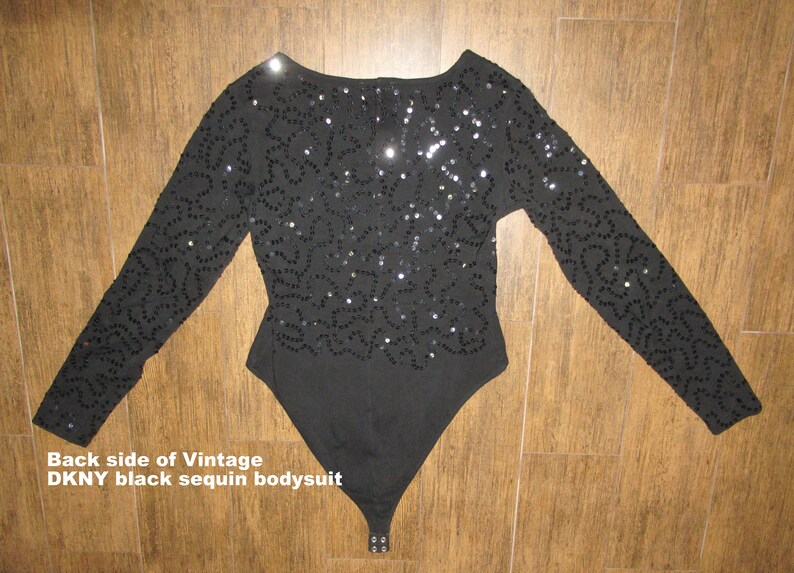 Donna Karan New York DKNY black w black sequins Cotton and Spandex mi Made in Hong Kong Small Long sleeves ShoptoSave Vintage Bodysuit