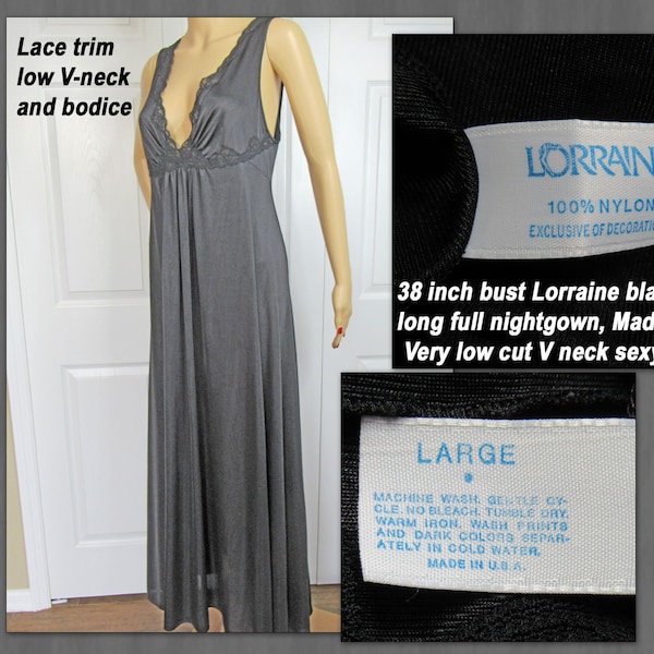 Sz Large 38 inch bust Lorraine black nylon nightgown, Made in USA, Full length very low cut V neck sexy style, Lace trim neck & bodice, VTG